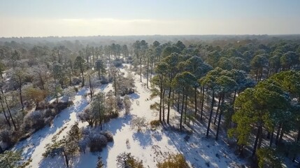 Aerial view of snowy pine forest in winter sunlight.