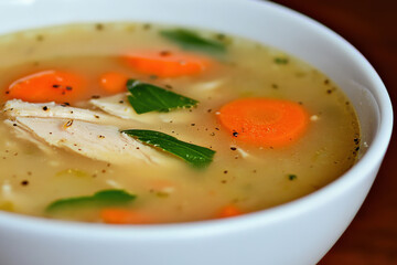 A bowl of soup with chicken and carrots
