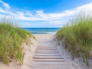 Fototapeta premium A serene pathway through tall grass leading to a tranquil beach and ocean under a blue sky.