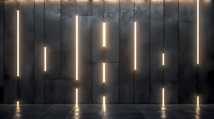 Dark, concrete wall background, with integrated white light strips. geometric tech wallpaper with illuminated, futuristic, 3d blocks. 3d render. Illumine. Illustration