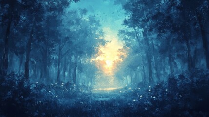 Obraz premium Glowing blue forest with mysterious light in a surreal atmosphere