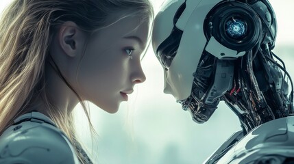 Fototapeta premium Closeup of a woman and a futuristic robot facing each other