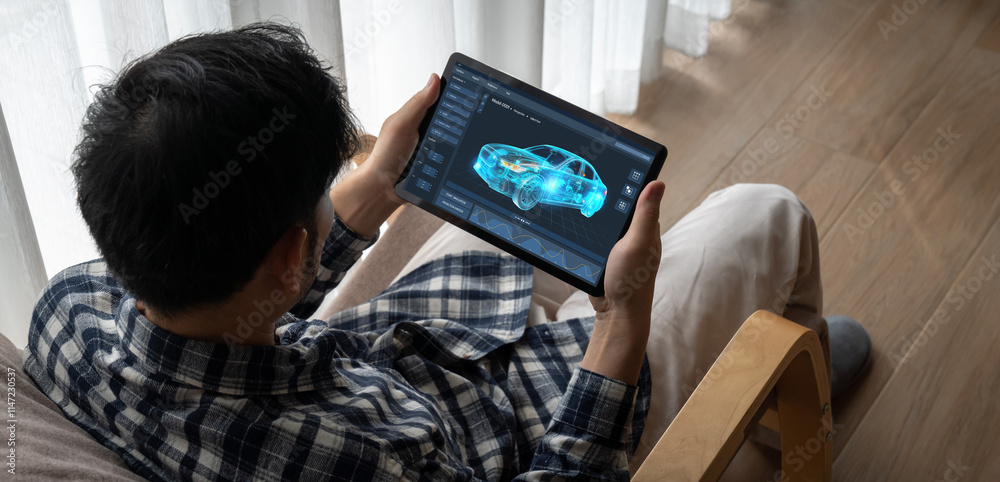 Poster electric car design software on computer screen showing simulation blueprint snugly by digital calcu