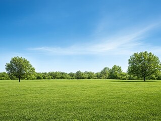 Fototapeta premium A serene landscape featuring green grass and trees under a clear blue sky.