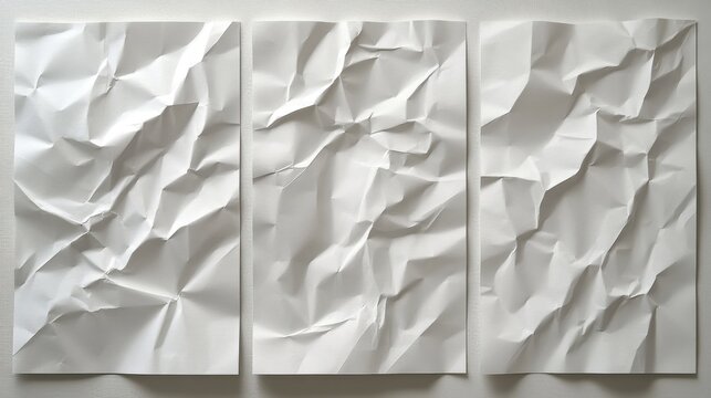 artistically crumpled white paper panels, parallel paper composition, authentic creased texture, subtle shadow details, aged paper material, professional studio lighting, monochromatic display