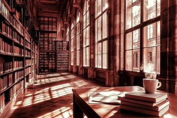 A serene library with sunlight streaming through large windows, featuring books and a steaming cup.