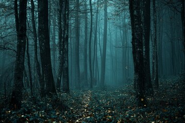 Fototapeta premium A misty forest scene with tall trees and a path covered in fallen leaves.