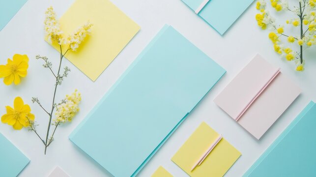 contemporary stationery display, aqua paper squares, sunshine yellow notes, blush pink elements, pristine white surface, diagonal composition
