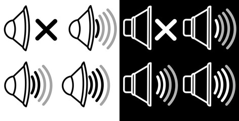 Silent and ring speaker icon set with simple and stroke style in black and white color vector illustration. Speaker icon set. volume icon vector. loudspeaker icon vector. Mute and unmute volume sound.