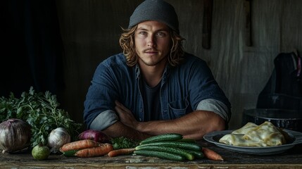 cooking scene flatlay, fresh vegetable preparation, traditional rice wrappers, rustic wood surface, culinary photography, organic ingredient layout, natural light capture, professional food styling,