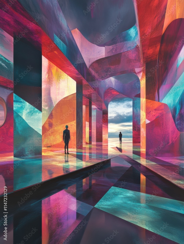 Aufkleber visitors explore a vibrant digital gallery filled with immersive artworks and striking light reflect