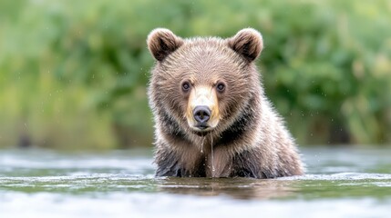 Obraz premium Young brown bear cub in water, looking directly at camera.
