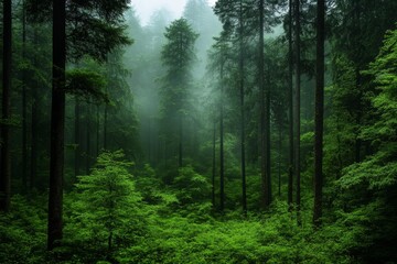 Fototapeta premium A misty forest scene with tall trees and lush greenery, evoking tranquility and nature's beauty.