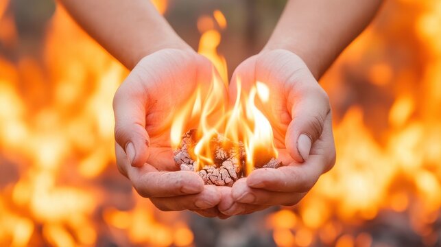 A person holding a vivid flame in their hands, symbolizing safety and awareness for Burn Awareness Week, against a bright outdoor backdrop. - Powered by Adobe