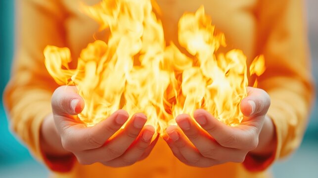 A person holding a vivid flame in their hands, symbolizing safety and awareness for Burn Awareness Week, against a bright outdoor backdrop. - Powered by Adobe