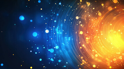 Abstract background with blue and orange light lines, circles, and dots. Technology concept for digital data transfer or internet connection
