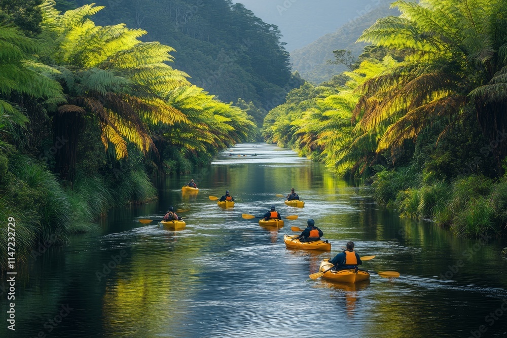 Wall mural A serene river scene with kayakers paddling through lush, green foliage.