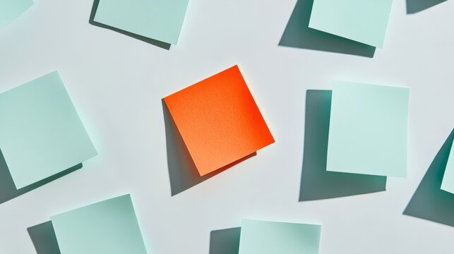 Geometric arrangement of pale aqua sticky notes featuring one bright orange note, crisp white backdrop, modern office supplies, delicate shadow details, overhead photography, clean aesthetic
