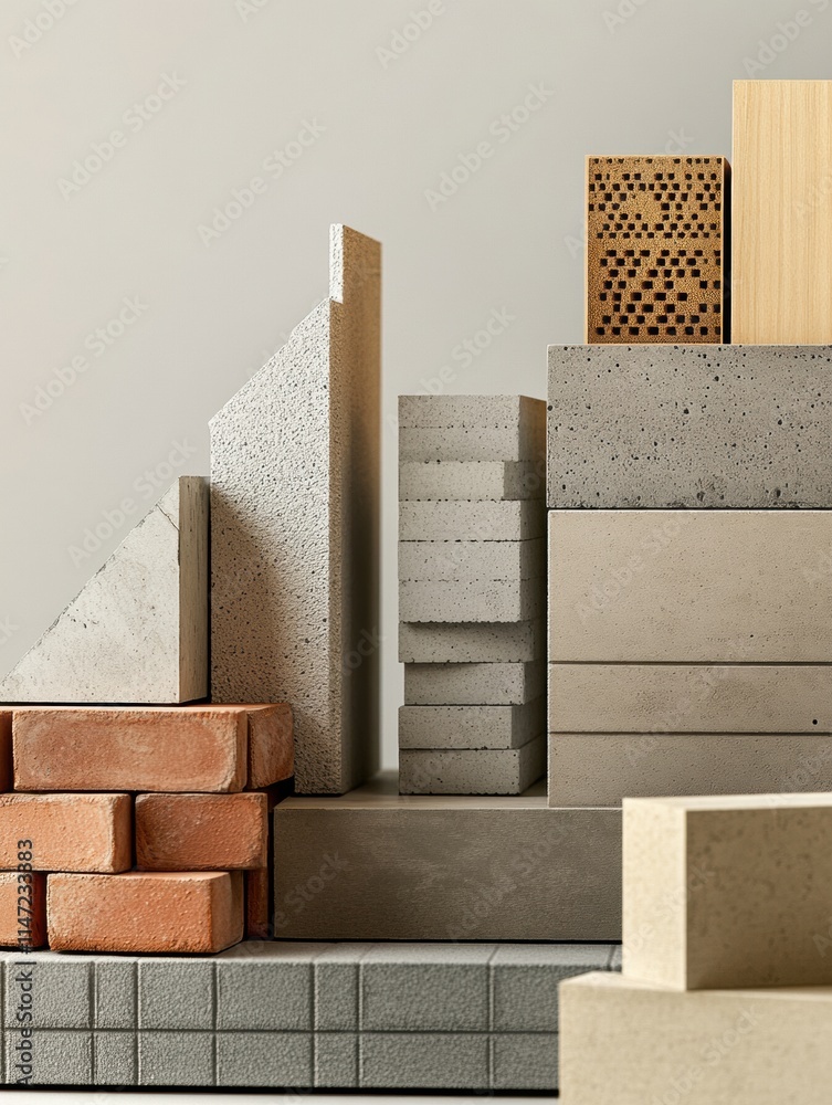 Leinwandbilder Various construction materials arranged in an artistic stack ideal for design projects and creative displays. Generative AI