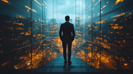 Obraz premium Businessman standing on stairs overlooking city at night.