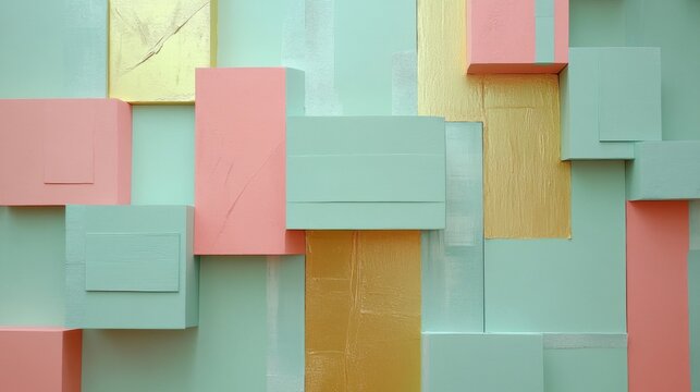geometric paper composition, pastel mint green squares, golden yellow notes, coral pink accents, white background, modern minimal layout