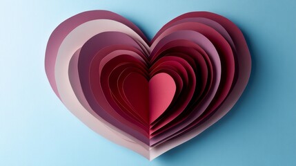handcrafted paper heart cutouts, crimson red, pastel blue backdrop, modern minimal design, layered dimensional effect, gentle shadows, studio photography style, valentine concept