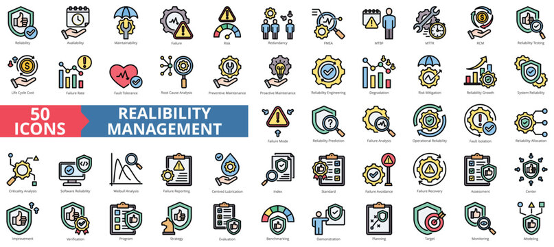 Reliability management icon collection set. Containing availability, maintainability, failure, risk, redundancy, fmea, and mtbf icon. Simple flat outline vector illustration