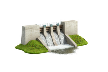 A concrete dam with multiple sluice gates releasing water onto grassy terrain.
