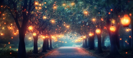Magical autumn lane with glowing lanterns hanging from trees.