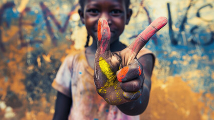 Child showing a colorful painted thumb in a playful gesture