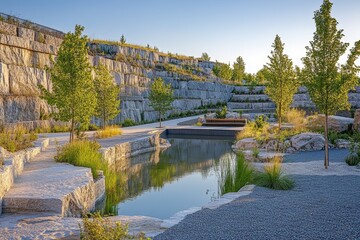 Naklejka premium A serene landscape featuring stone terraces, greenery, and a reflective pond.