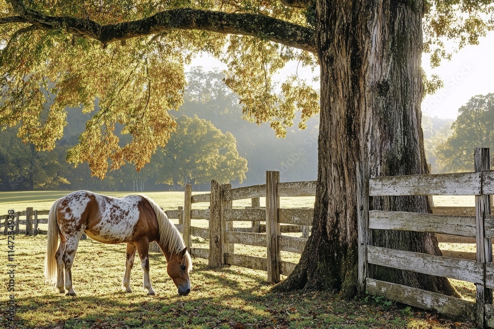 Wall mural A serene scene of a horse grazing near a large tree in a peaceful landscape.