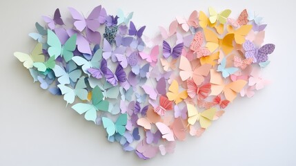 Multi-colored paper butterfly heart arrangement, mix of lavender purple mint green coral pink and soft yellow, pure white backdrop, layered 3D effect, modern wall art installation, even studio