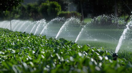 A smart irrigation system with automated sprinklers watering crops, conserving water and ensuring even distribution across the field