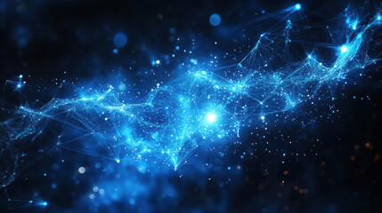 Abstract digital background with glowing connections and light particles on a blue backdrop, representing a technology or global network concept
