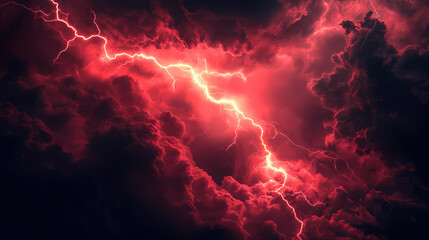 A dramatic red lightning strike illuminating dark stormy clouds. Illumine. Illustration