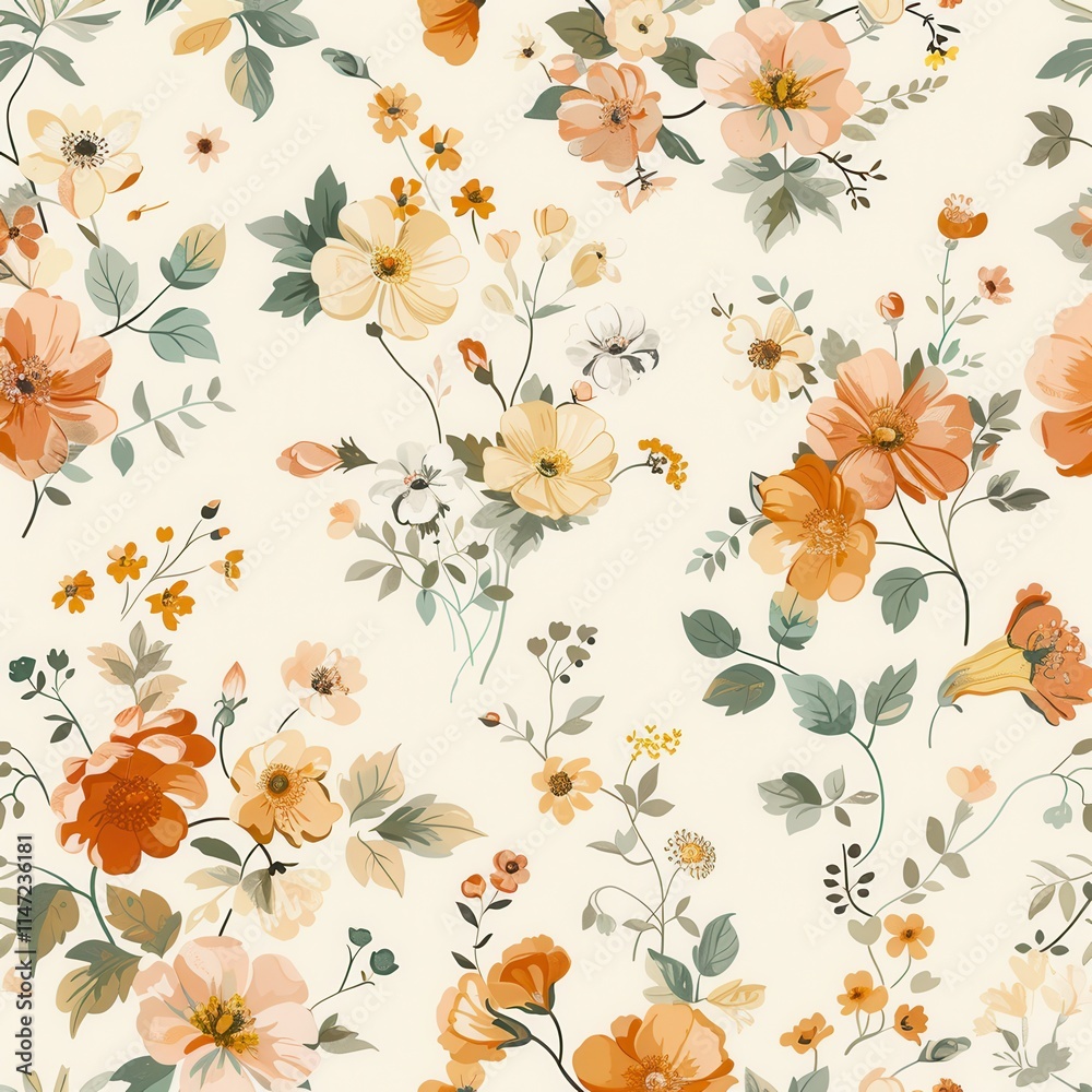 Poster floral background pattern featuring colorful flowers on cream fabric for home decor projects. genera
