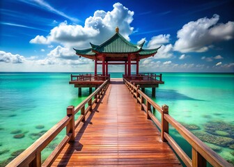Obraz premium Japanese Pavilion Pier Turquoise Sea Double Exposure