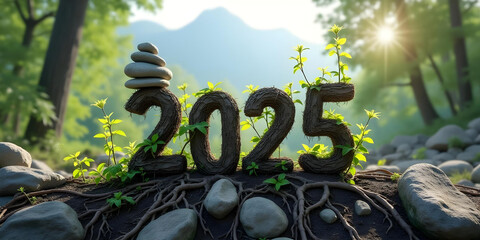 
New Year's Card with Stones and entwined with plant roots, forest and stone mountain background, and big number "2025" in the cente