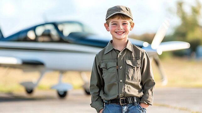 Smiling young boy wearing a pilot s uniform and cap stands proudly beside a small aircraft on a sunny day showcasing his and excitement for a career in aviation