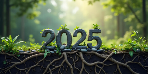 
New Year's Card with Stones and entwined with plant roots, forest and stone mountain background, and big number "2025" in the cente