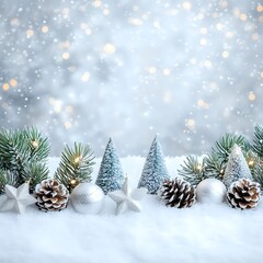 Obraz premium Silver & Blue Festive Winter Wonderland: Snow, Pine Cones, Ornaments, and Miniature Trees Create a Magical Holiday Scene