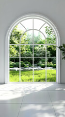 Fototapeta premium A large arched window showcasing a lush garden view with greenery and a serene atmosphere.