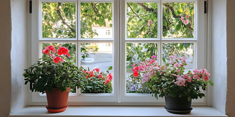 Naklejka premium A picturesque window view adorned with vibrant flowering plants.