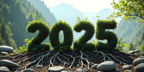 
New Year's Card with Stones and entwined with plant roots, forest and stone mountain background, and big number "2025" in the cente