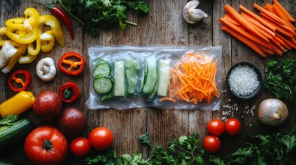spring roll preparation scene, sliced fresh vegetables, transparent rice sheets, rustic wooden backdrop, culinary still life, professional food styling, clean composition, overhead view