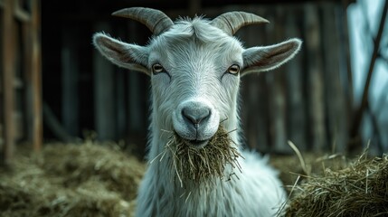 Obraz premium White goat eating hay in barn.