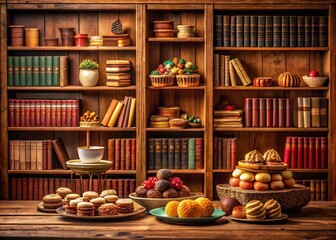 Fototapeta premium Mini Library Food Photography, Bookshelf, Delicious Treats, Cozy Corner