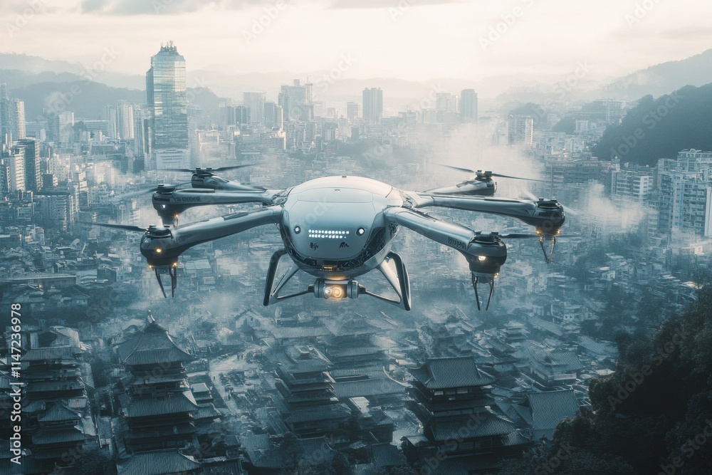 Fototapete Automated drones utilize AI technology for delivery and monitoring in urban and rural landscapes. Generative AI