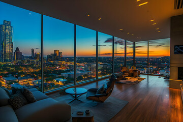 Fototapeta premium Modern living room with panoramic city view at sunset, showcasing urban lifestyle and design.